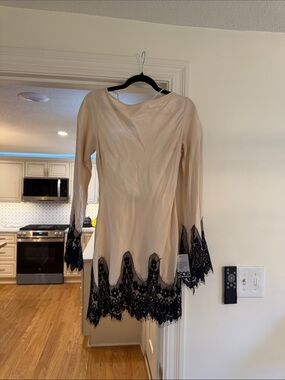 ASOS Cream Long-Sleeve Dress with Black Lace Hem